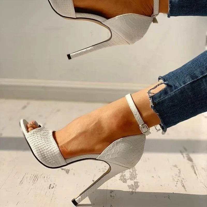 Sexy Dress Wedding Shoes Women Ankle Strap Peep Toe High Heel Sandals White Super High Heels Buckle Snake Pattern Woman Pumps