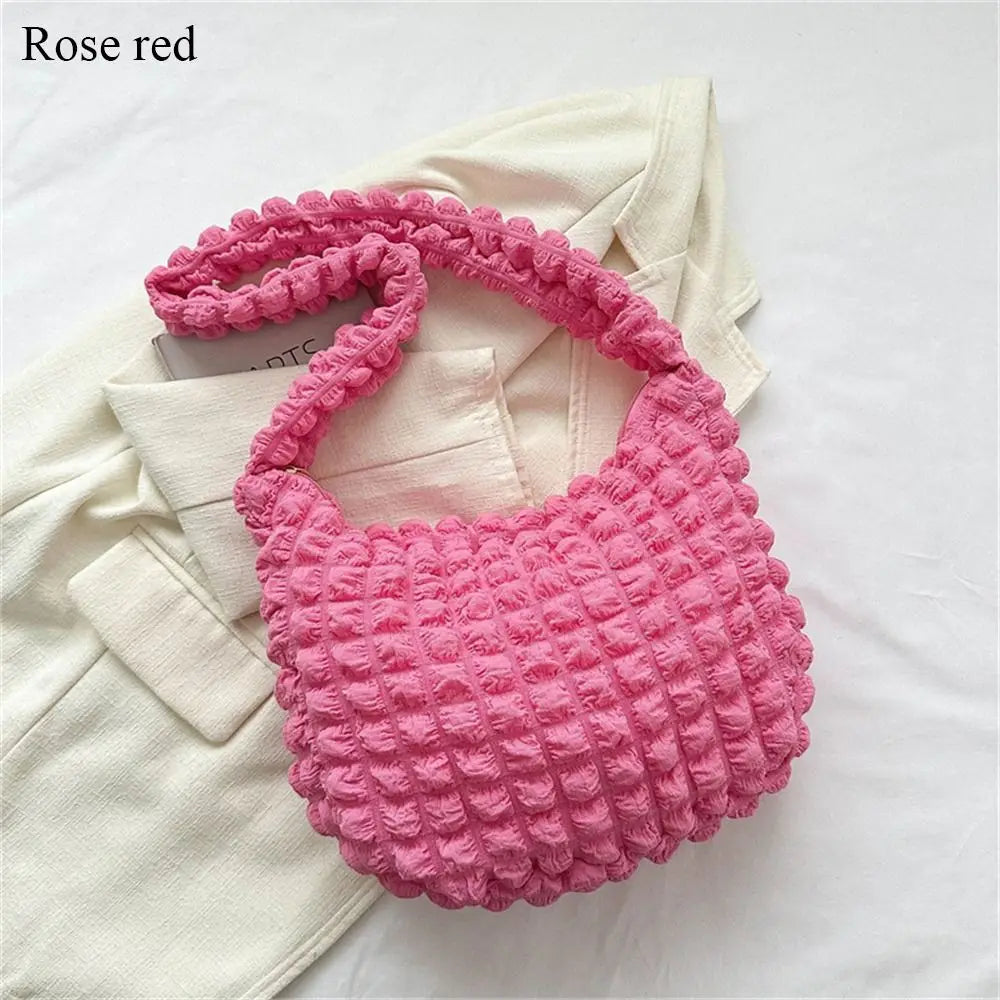Women Plaid Quilted Large Capacity Tote Bag Crossbody Bag Solid Color Shoulder Bag Cute Pleated Bubbles Embroidered Satchel Bags