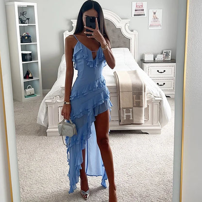 Women Dress Summer Hotsweet Tierred dress Fashion asymmetrical Spaghetti Strap long dresses Sexy lady Holiday Beach Dresses
