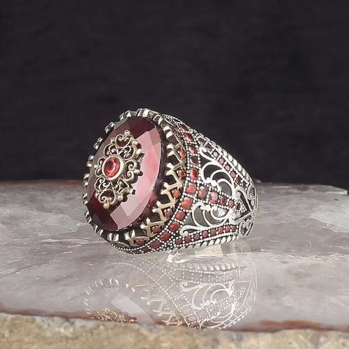 Retro Handmade Turkish Signet Rings for Men Ancient Silver Color Carved Pattern Ring Red Zircon Inlay New Punk Motor Biker Ring
