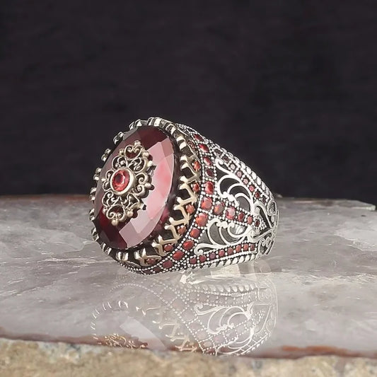 Retro Handmade Turkish Signet Rings for Men Ancient Silver Color Carved Pattern Ring Red Zircon Inlay New Punk Motor Biker Ring