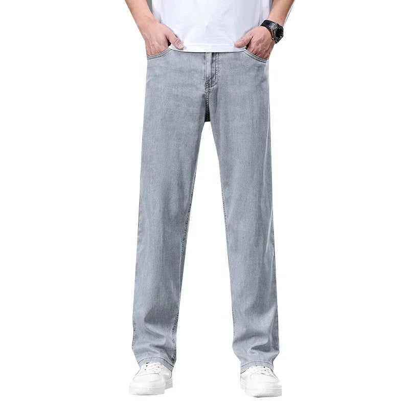 2024 New In Lyocell Summer Thin Jeans Men's  Loose Straight Casual Stretch Business Large Size Male Pants Solid Color
