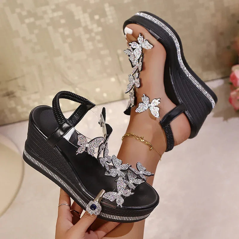 Rhinestone Butterfly Decor Chunky Platform Sandals Women Fashion Slip On Wedges Sandles Woman Lightweight Elastic Band Sandals