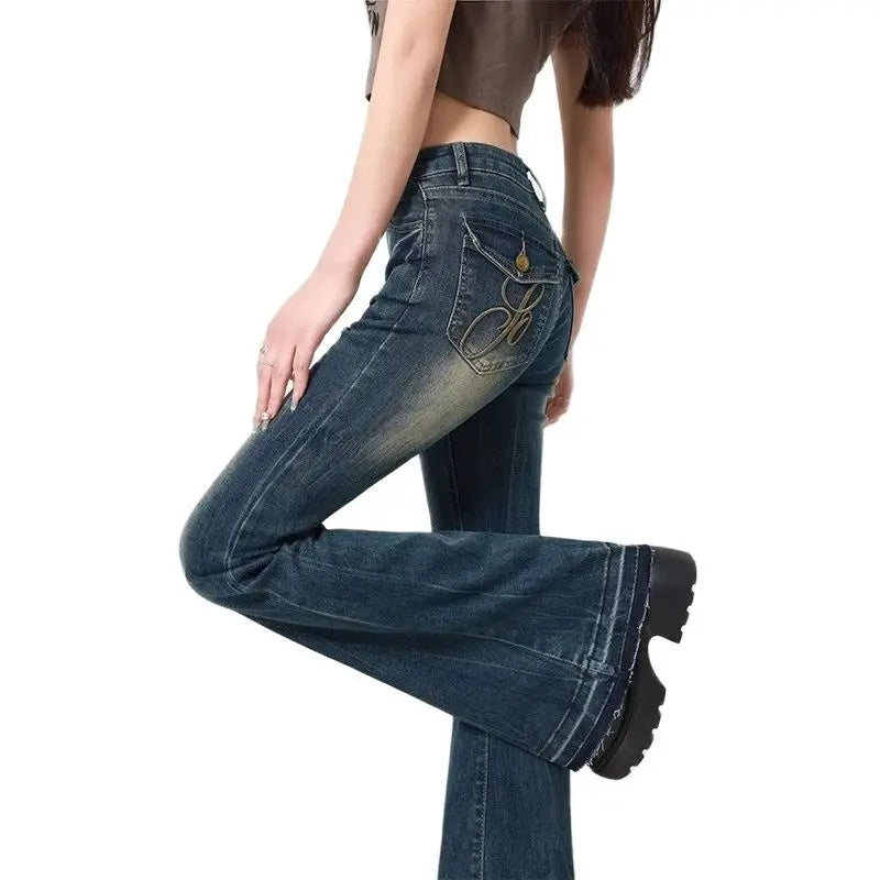 Women's Blue Y2k Flare Jeans Baggy Harajuku Streetwear Aesthetic Denim Trousers Jean Pants Oversize Vintage 2000s Trashy Clothes