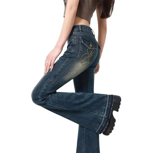 Women's Blue Y2k Flare Jeans Baggy Harajuku Streetwear Aesthetic Denim Trousers Jean Pants Oversize Vintage 2000s Trashy Clothes