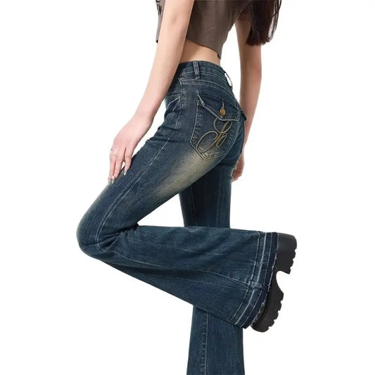 Women's Blue Y2k Flare Jeans Baggy Harajuku Streetwear Aesthetic Denim Trousers Jean Pants Oversize Vintage 2000s Trashy Clothes