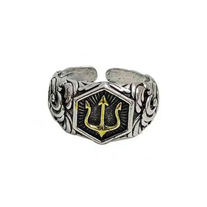 Retro Poseidon Golden Trident Ring For Men Punk Gothic Rock Hiphop Open Ring Handmade Unisex Jewelry Bikers Accessories Man Gift