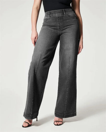 Stretch Elasticated Waist Wide Leg Jeans Women Fashion Chic Flared Trousers Loose Female Comfortable Commuter Casual Denim Pants