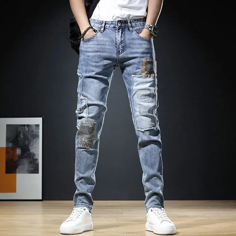 Autumn New Arrival Men's Jeans: Elastic Embroidered Patchwork Hip Hop Denim Pants Korean Style Slim Fit Cotton Trousers for Men