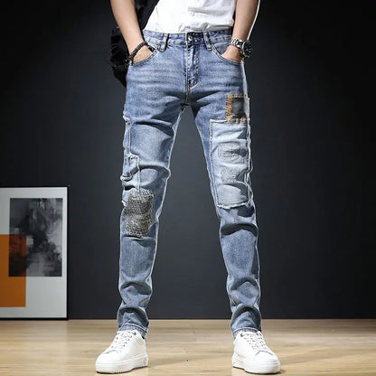 Autumn New Arrival Men's Jeans: Elastic Embroidered Patchwork Hip Hop Denim Pants Korean Style Slim Fit Cotton Trousers for Men