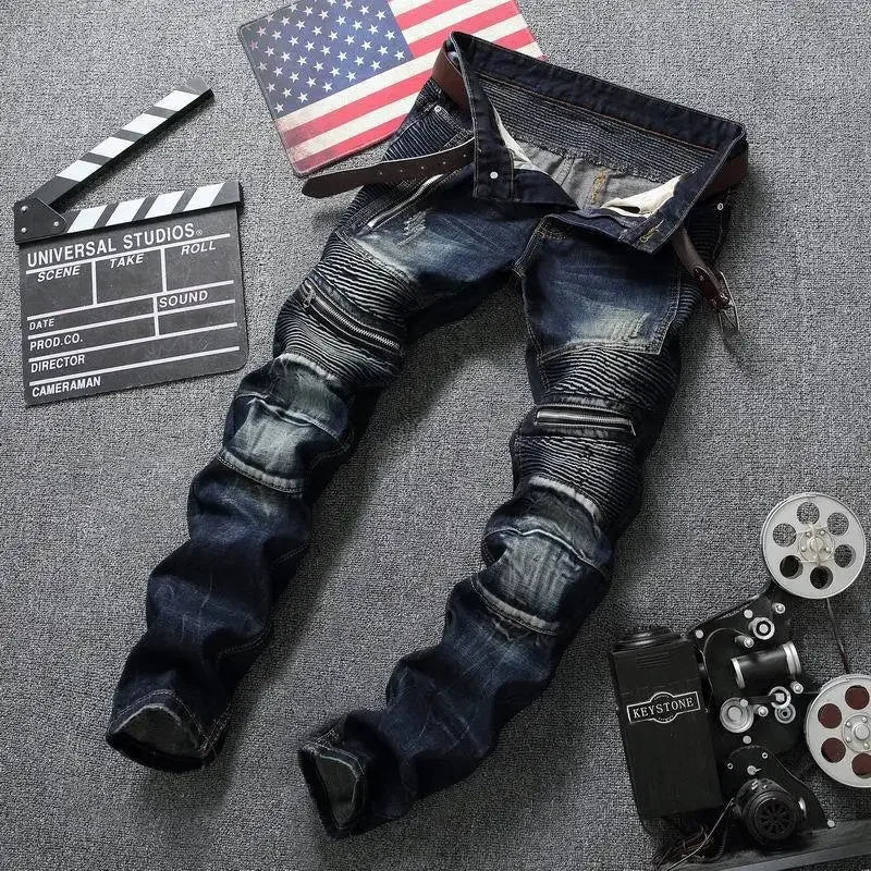 Punk Street Style Ripped Skinny Jeans Men Vintage Wash Solid Denim Trouser Mens Casual Slim Fit Pencil Denim Holes Pants 2025