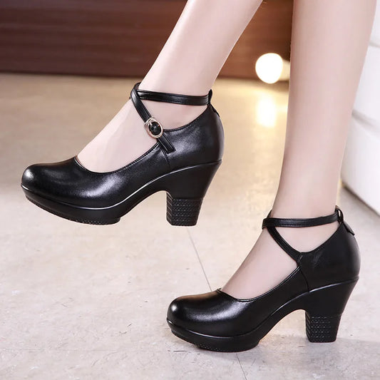 7cm Small Size 32-43 Gladiator Pumps Women Genuine Leather Shoes 2025 Med Block Heels Platform Shoes for Office Model Dance Mom