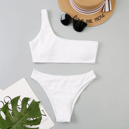 One Shoulder Bikinis 2025 Women Sexy Swimwear Female Brazilian Swimsuit Solid Beachwear Bathers Bathing Swimming Swim Suit