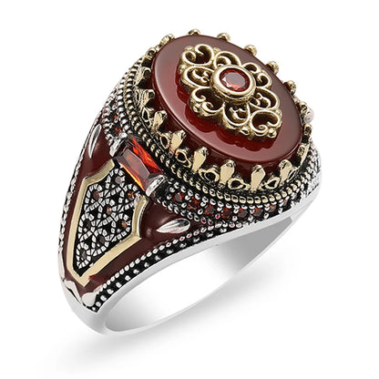 2025 Vintage Carved Pattern Red Zircon Stone Rings For Men Accessories Anniversary Party Gift Fashion Jewelry Handmade Men Rings