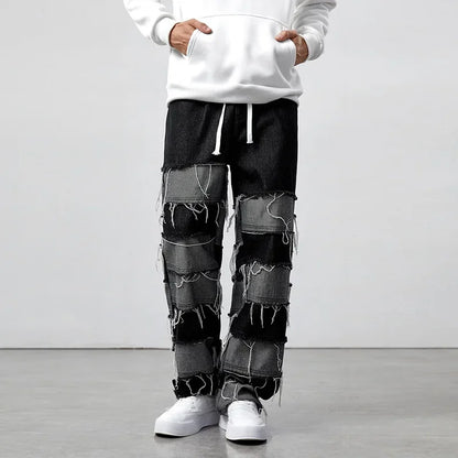 European and American New Style Whiskered Spliced Long Pants, Fashionable Men's Simple and Versatile Straight-leg Jeans.