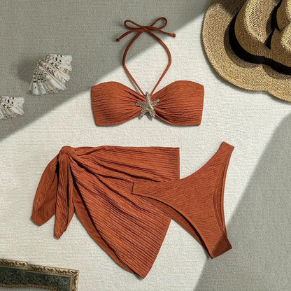 Metal Starfish Brown Bandeau Bikinis Sets 3 Piece Sexy Swimsuits Cover Up Women 2025 Holiday Swimwear High Cut Bather Beach Wear