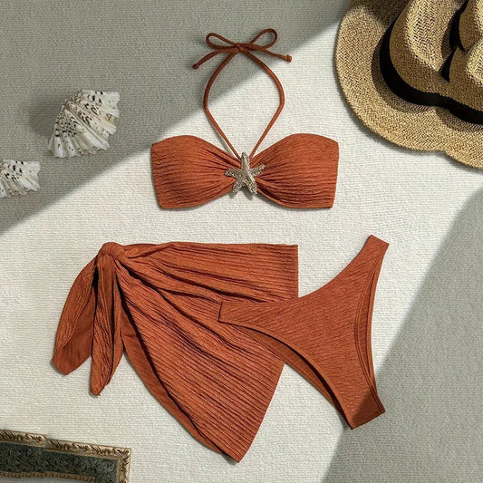 Metal Starfish Brown Bandeau Bikinis Sets 3 Piece Sexy Swimsuits Cover Up Women 2025 Holiday Swimwear High Cut Bather Beach Wear