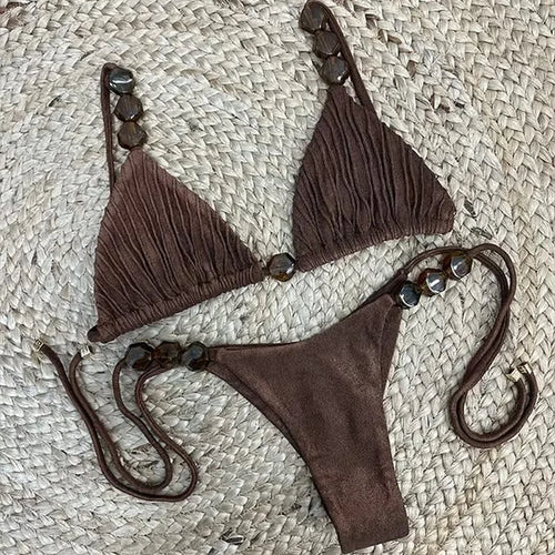 Casual Bikini Set Women Beading Wrinkles Lace up Beach V-neck Sets Female Bohemian Holiday Stylish Suits Lady Vocation Sexy