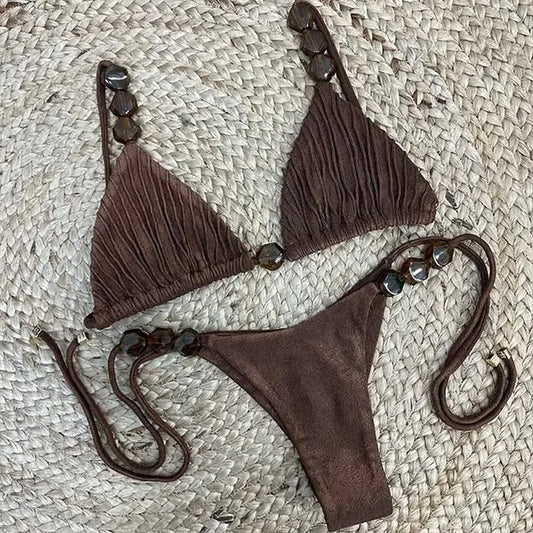 Casual Bikini Set Women Beading Wrinkles Lace up Beach V-neck Sets Female Bohemian Holiday Stylish Suits Lady Vocation Sexy