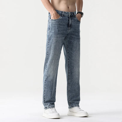 2025 high quality Jeans Men Baggy Pants Summer Straight Cut Loose Retro Blue Denim Pants Streetwear Fashion Pockets Vintage Man