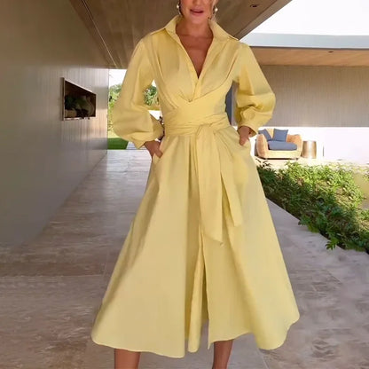 Summer New Women's Casual Long Sleeve Pure Color Slimming Dress Shirt Empire Waist Ankle Length Polo Collar Cross-Border Fashion