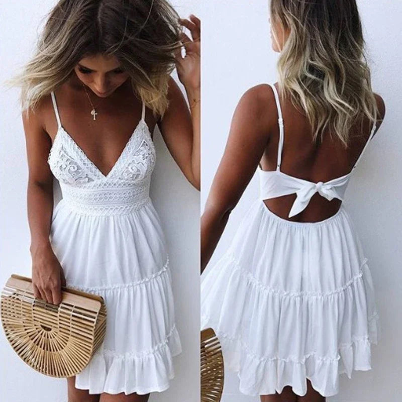 Sexy Deep V Neck Backless A Line Dress Women Summer Embroidery Lace Mini Dresses Woman White Pink Spaghetti Strap Beach Dress
