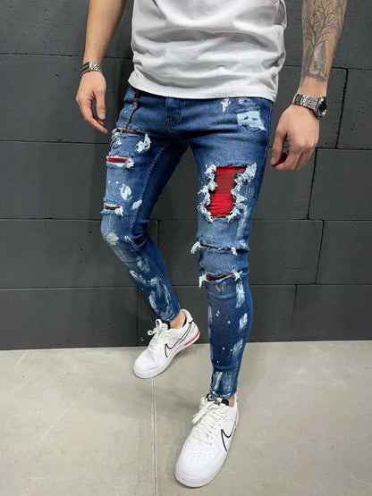 Mens Distressed Pleated Knee Patch Painted Stretch Skinny Jeans Ripped Denim Pants Brand Hip Hop Black Casual Trousers for men