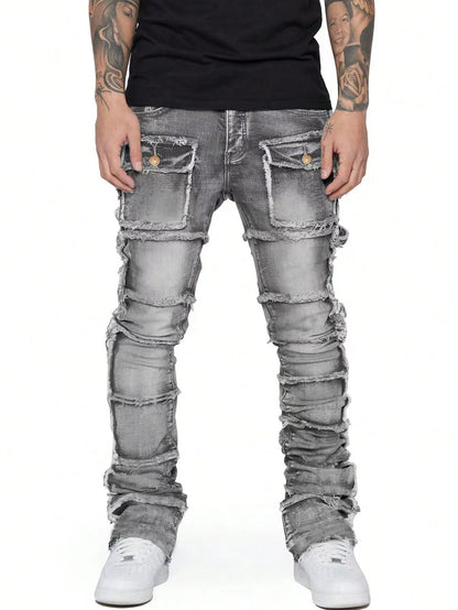 2025 New Men Ripped Stacked Jeans Distressed Slim Fit Skinny Straight Leg Jeans Fashion Hip Hop Denim Pants Casual Streetwear