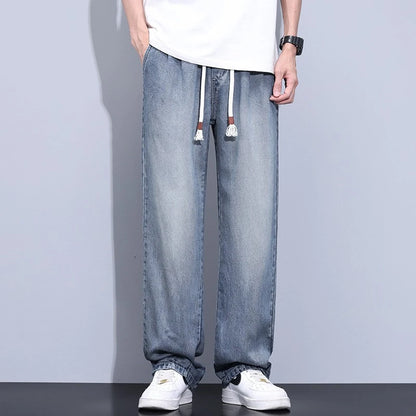 Elastic Waist Fashion Loose Jeans Men Spring Summer Thin Lyocell Classic Straight Denim Pants Casual Stretch Jogging Trousers