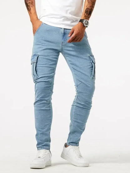 2025 Street Elastic Jeans Men Denim Cargo Pants Wash Solid Color Multi Pockets Casual Mid Waist Trousers Slim Daily Wear Joggers