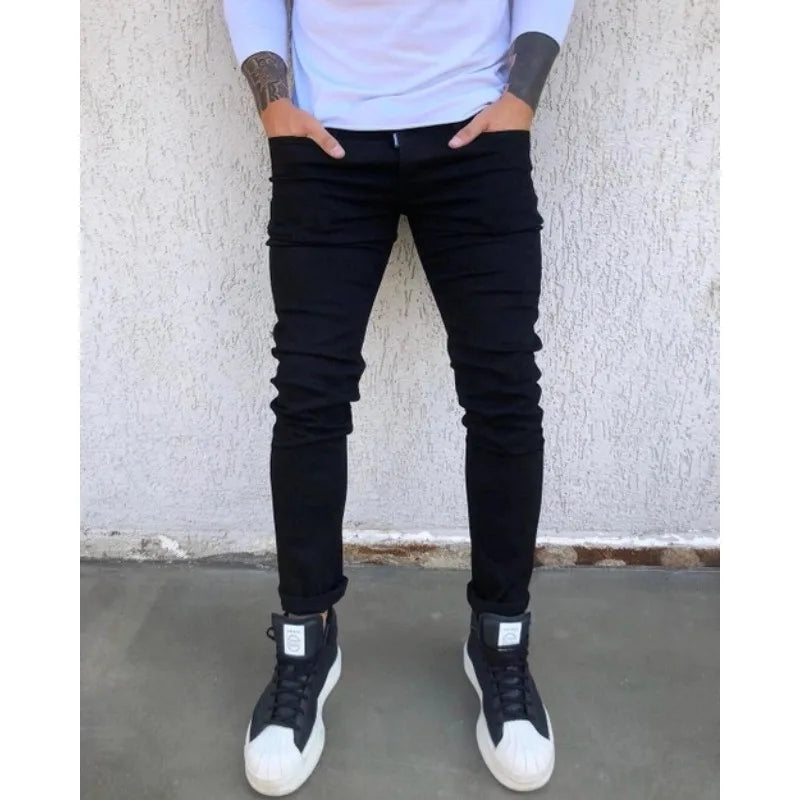Spring Autumn New Black Stretch Men's Jeans Slim Small Feet Casual Simple Solid Color Male Skinny Denim Trousers Streetwear