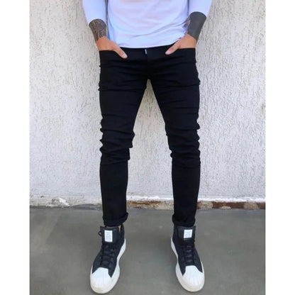 Spring Autumn New Black Stretch Men's Jeans Slim Small Feet Casual Simple Solid Color Male Skinny Denim Trousers Streetwear