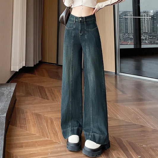 Women's Four Seasons New Fashion Loose Denim Wide-leg Pants, Casual Temperament High-waisted Straight Leg Floor-length Jeans