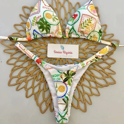 Print Sexy Bikini Sets Halter Lace-up Tops Thongs Beach Style Bathing Suit Y2k Swimsuits Women Beachwear Купальник Женский 2025