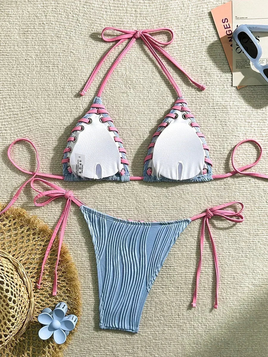Halter Wrinkled Weave Bikini Women Swimwear Female Swimsuit Two Pieces Bikini Set Brazilian Bathing Suit Swim Beach Wear