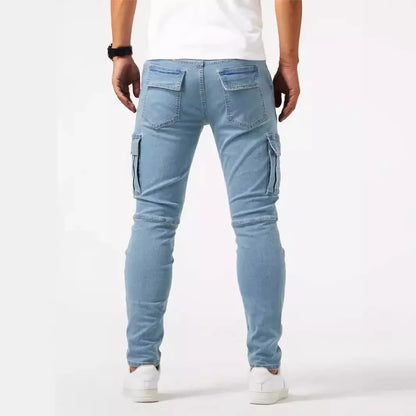Jeans Pencil Pants Men Vintage Denims Distressed Strecth Mid Waist Washed Multiple Pockets Skinny Straight Trousers Streetwear