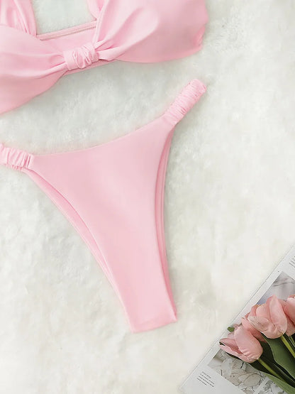 Fashion Sexy Vacation Bikini 2 Piece Set Women Solid Split Swimsuit High Waist Beach Bikini 2025 New Summer Swimwea Bikinis Set