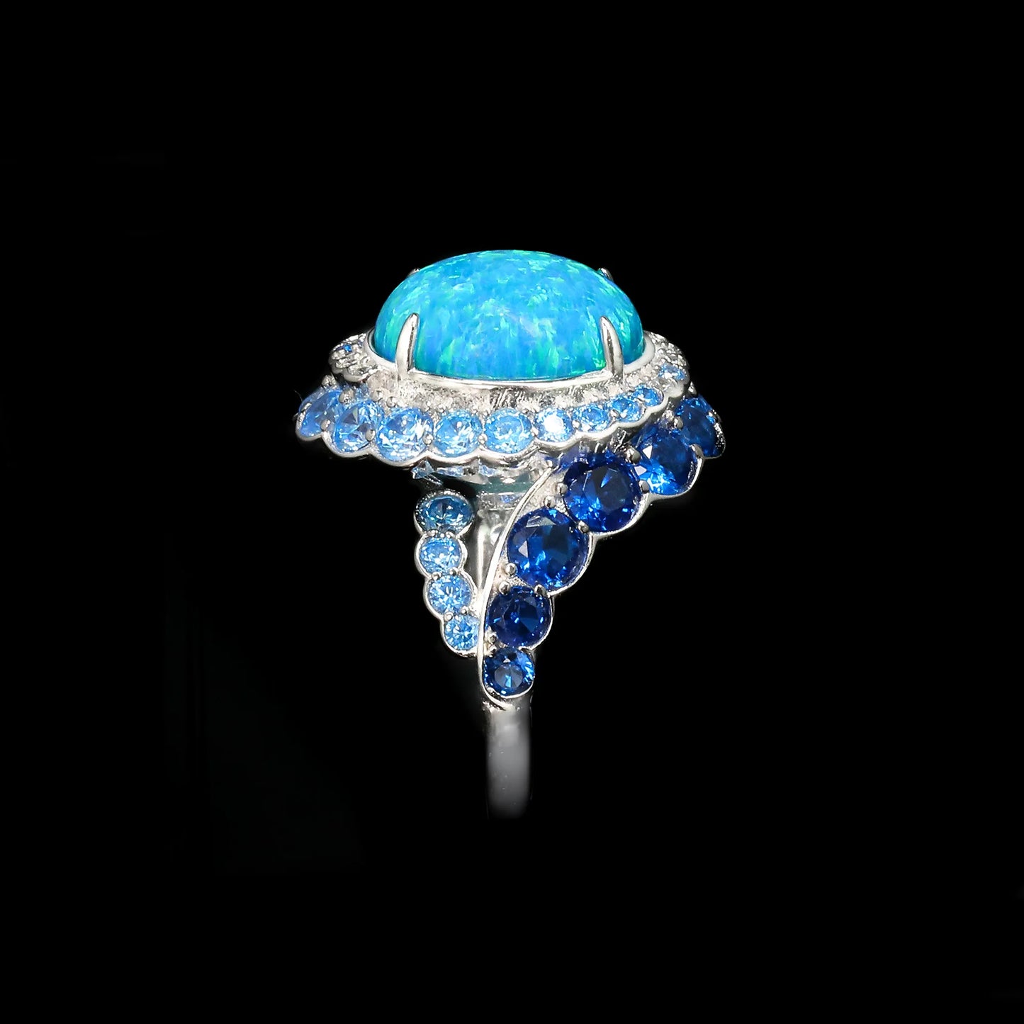 TLS 925 Sterling Silver Rhodium Plated High Carbon Diamond Cabochon Opal Blue Diamond Surrounding Star Ring for Gift