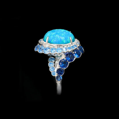 TLS 925 Sterling Silver Rhodium Plated High Carbon Diamond Cabochon Opal Blue Diamond Surrounding Star Ring for Gift