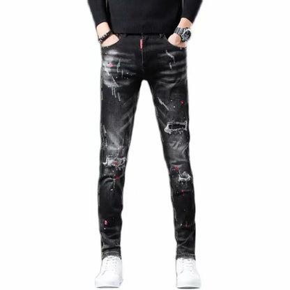 High Street  2022 Fashion Casual Ripped Jeans Men's Patch Teenagers Cowboy Paint Splash Ink Black Pencil Pants Skinny Jeans Men