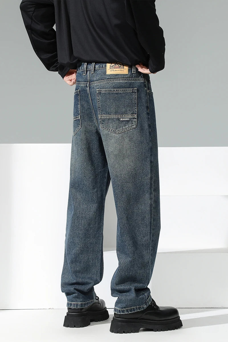 Youth Stylish Loose Fit Denim Pants Spring Retro Blue Wide Leg Jeans Soft Cotton Mid Waist Design for Daily Comfort & Durability