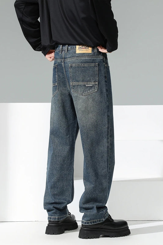 Youth Stylish Loose Fit Denim Pants Spring Retro Blue Wide Leg Jeans Soft Cotton Mid Waist Design for Daily Comfort & Durability