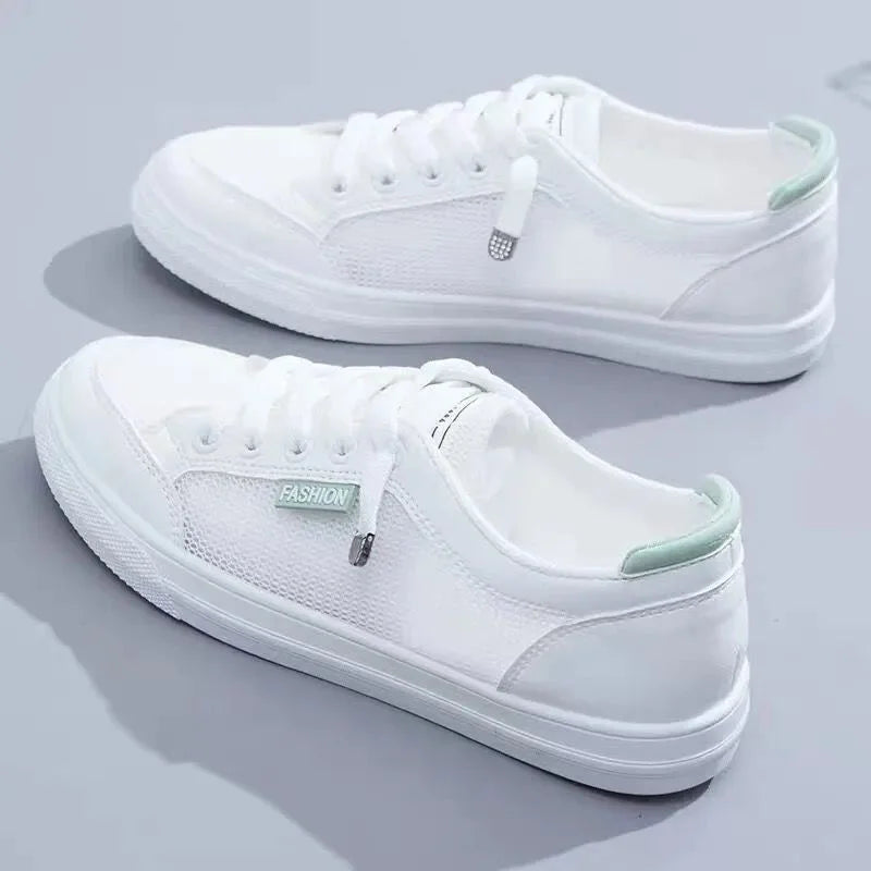 Vulcanize Flats Solid Color Mesh Shoes Young Woman Casual White Shoes
