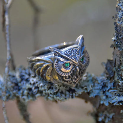 Retro Green Eye Owls Ring For Men Silver Color Punk Gothic Adjustable Ring Handmade Rock Hiphop Biker Jewelry Accessories Gift