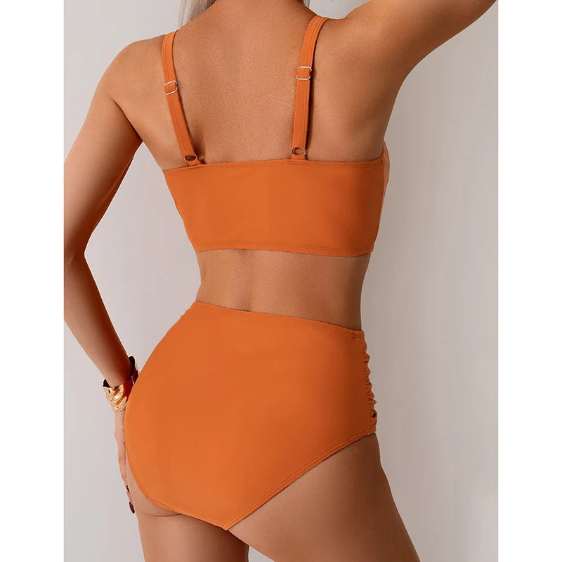 Elegant Solid Swimsuit Women Sexy Slim Pleated High Waist Bikini Split Bathing Suit 2025 New Simple Classic Beachwear Swimwear