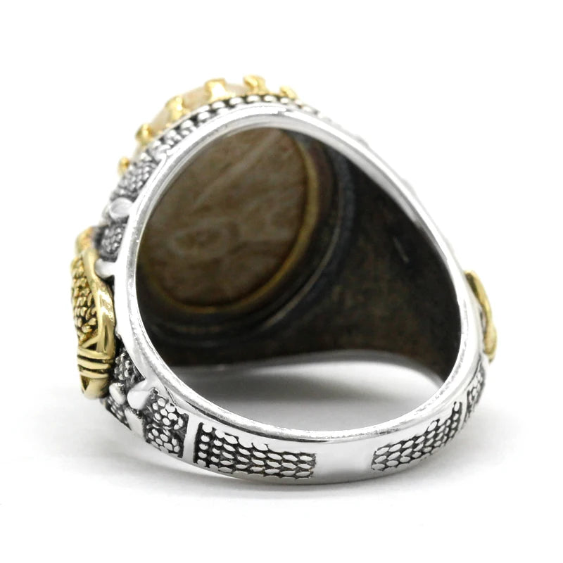 Fashionable men's handmade ring jewelry natural gold coral stone handmade s925 silver ring men's party gift