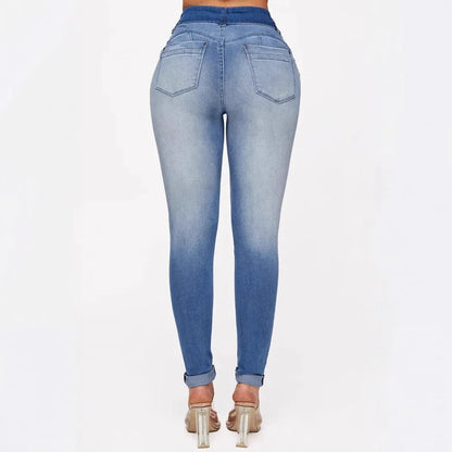 Elastic, Slimming, Hip-lifting High-waisted Jeans. Four Seasons New Fashionable Gradient Casual Ripped Skinny Jeans for Ladies