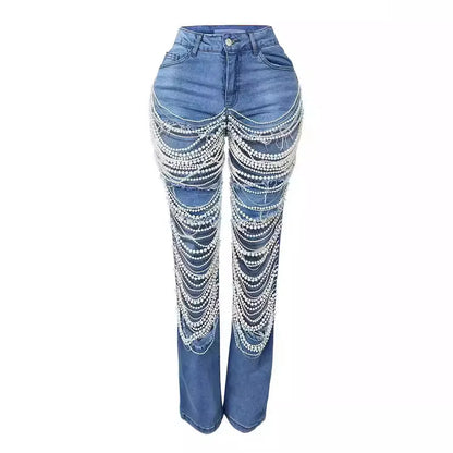 Spice Girl Summer Pants Ripped Heavy Industry Beaded Elastic Trousers  Fashion Personality Jeans