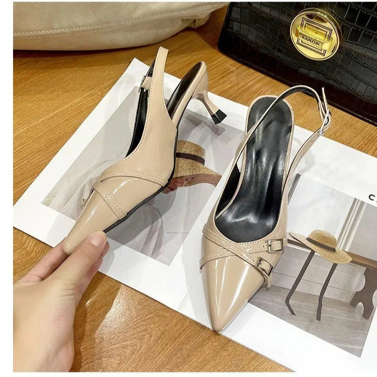 New Summer French Wine Red Pointed Patent Leather Mid-heel Overhead Sandals for Women Retro Skinny Heel Back Empty Shoes