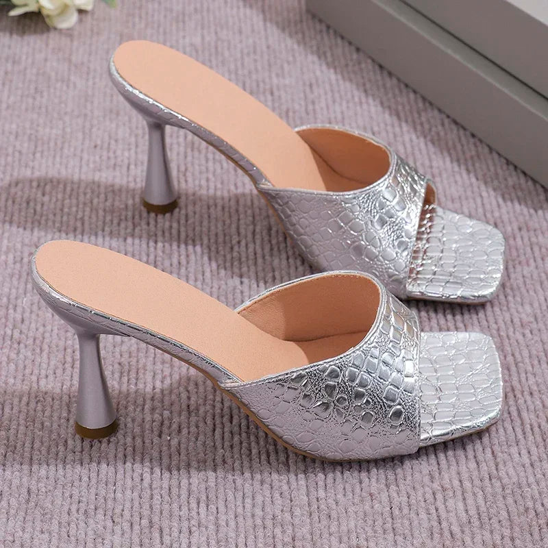 Luxury Gold Silver High Heels Sandals Women 2025 Slip On Square Toe Summer Slippers Woman Plus Size 43 Thin Heeled Party Shoes